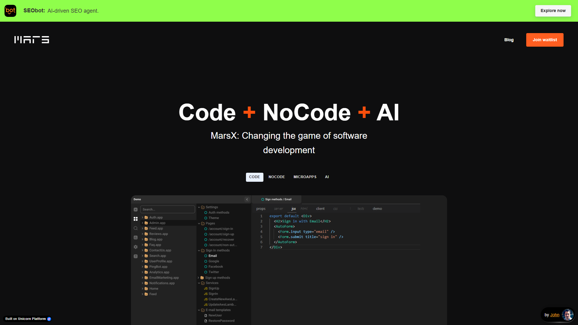 MarsX is a dev tool that unites AI, NoCode, Code and MicroApps MarsX is a dev tool that unites AI, NoCode, Code and MicroApps