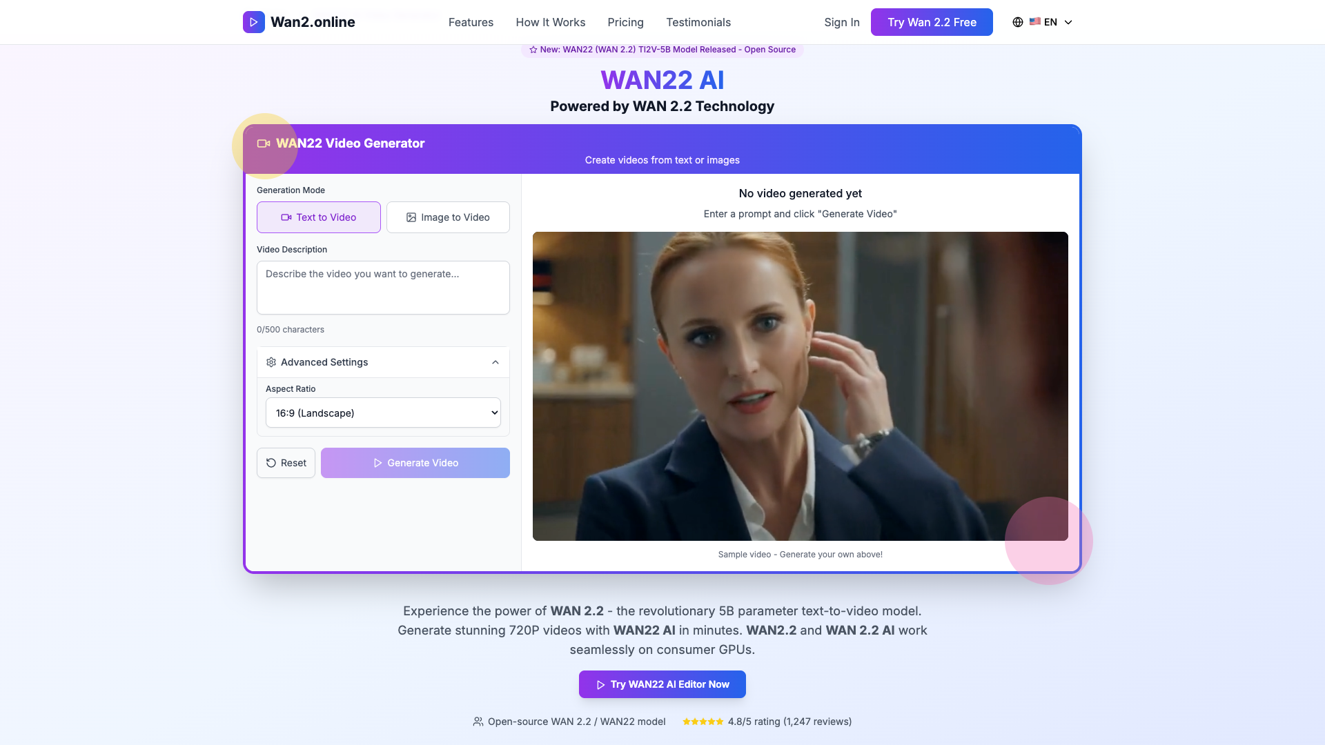 WAN22 AI - 革命性文本转视频AI模型 | WAN 2.2